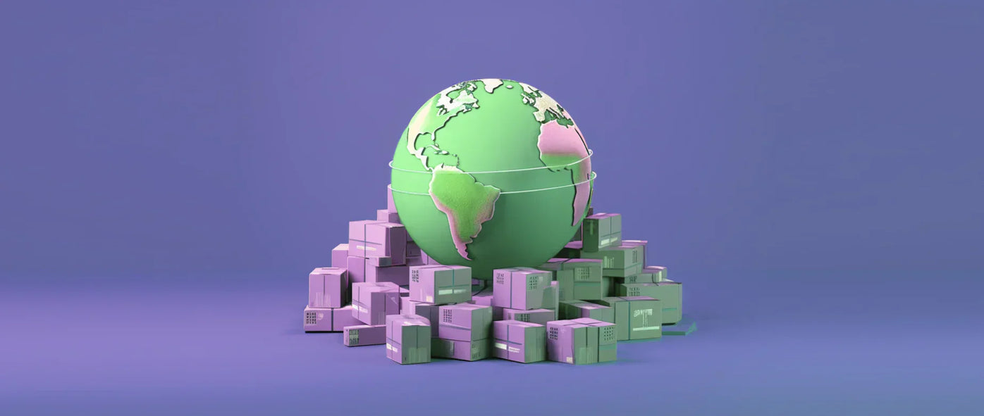 A globe surrounded by shipping packages